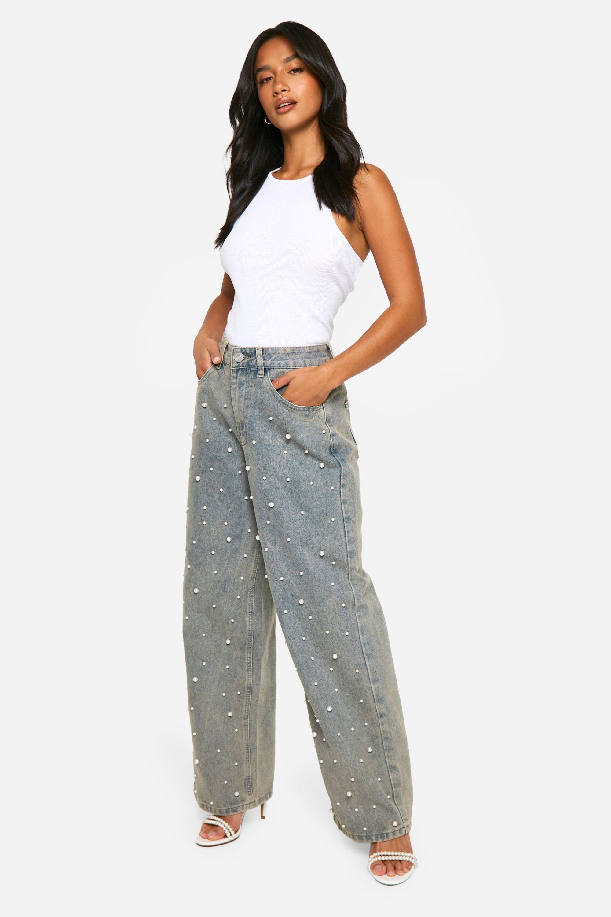 Petite Pearl Detail Wide Leg Jean | boohoo USA